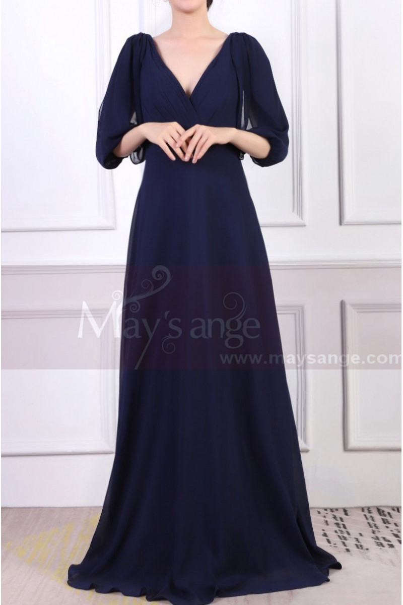 V-Neck Blue Long Sleeve Maxi Dress For Ceremony - Ref L1962 - 01