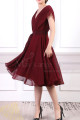 Ruched Bodice Short Burgundy Chiffon Prom dresses Tie Belt - Ref C914 - 07