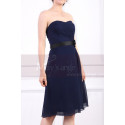 Robe Bustier Courte Bleu Mousseline Ceinture A Fleur Noire - Ref C915 - 02