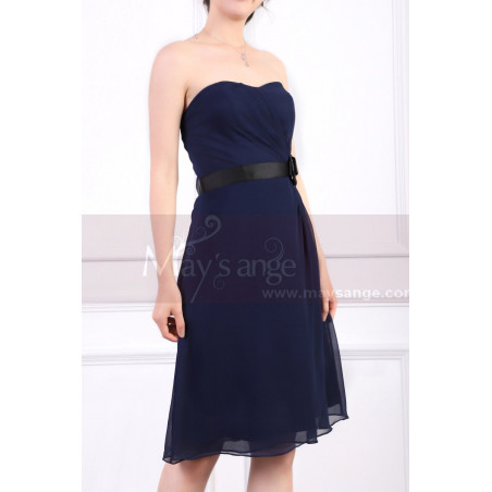 Robe Bustier Courte Bleu Mousseline Ceinture A Fleur Noire