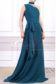 Long Asymmetrical Petrol Blue Women's Ceremony Dress With Matching Belt And Necklace - Ref L1966 - 06