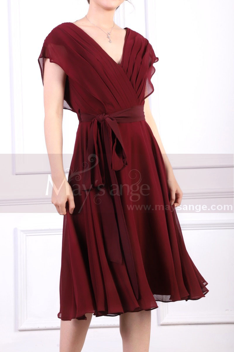 Ruched Bodice Short Burgundy Chiffon Prom dresses Tie Belt - Ref C914 - 01