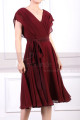 Ruched Bodice Short Burgundy Chiffon Prom dresses Tie Belt - Ref C914 - 02