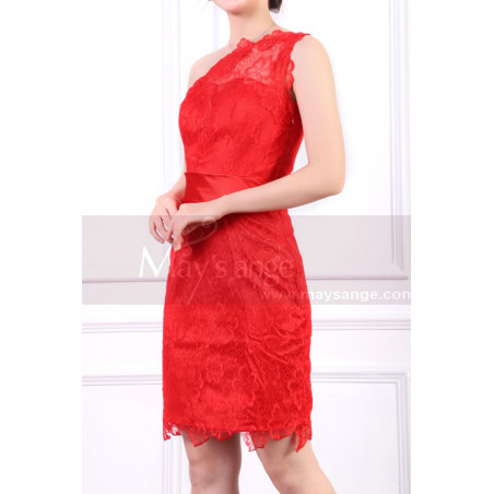 Robe Rouge Soirée Courte Asymétrique En Dentelle