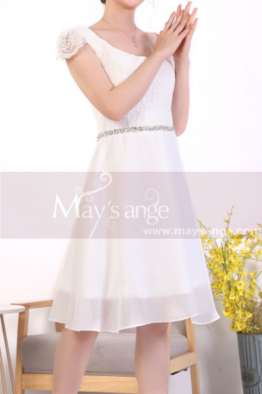 Cap Sleeve Short White Lace Party Dresses With Shiny Belt - C920 #1