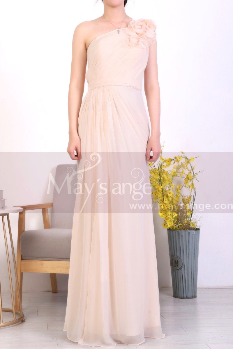 Peach Long Asymmetrical Evening Dress With Slit And One Flower Strap - Ref L1967 - 01