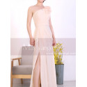 Peach Long Asymmetrical Evening Dress With Slit And One Flower Strap - Ref L1967 - 07