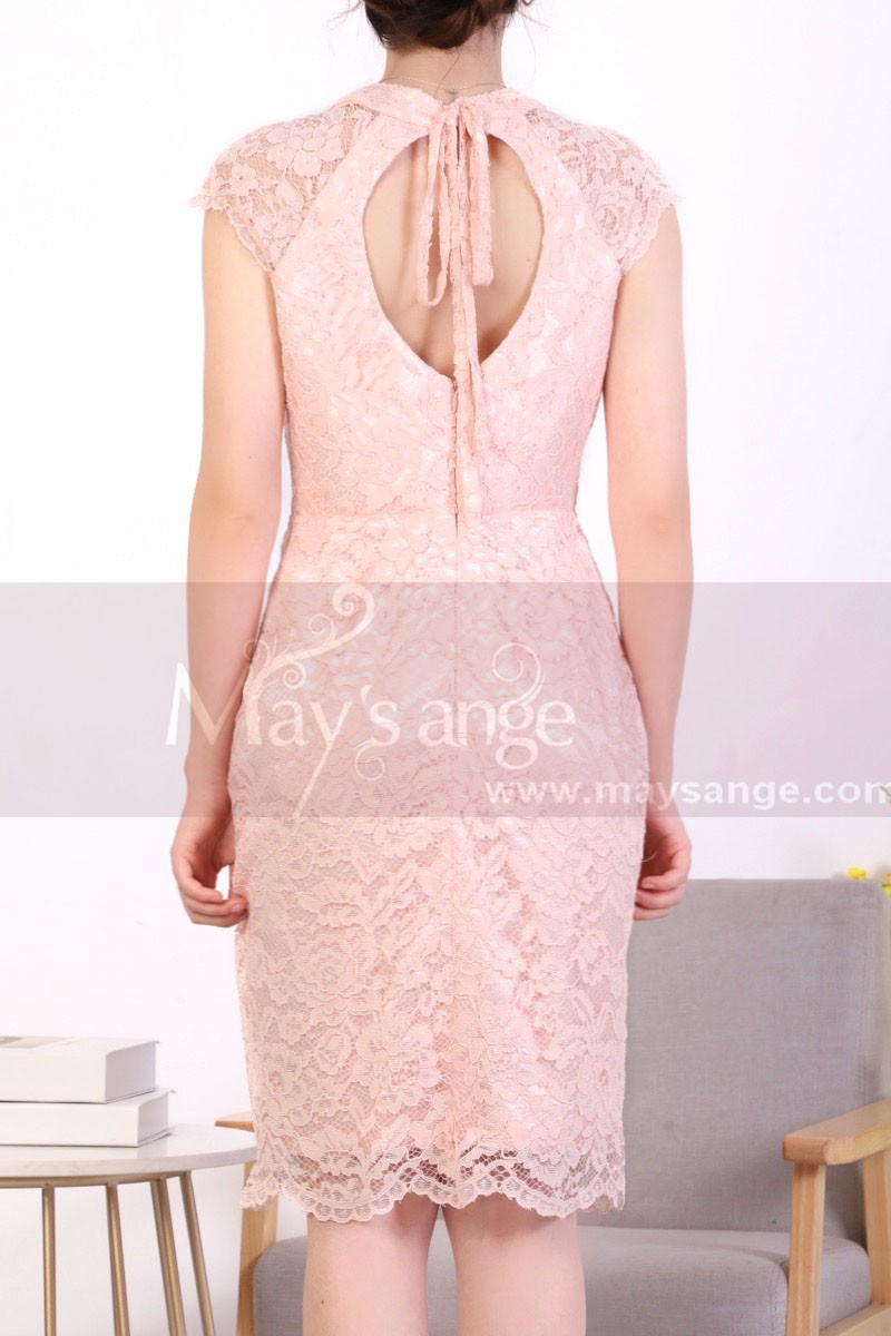 Robe Fourreau Rose En Dentelle Manche Courte Ouverture Au Dos - Ref C916 - Robe de cocktail