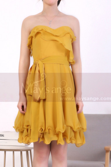 Mustard Yellow Strapless Dress With Flounce Skirt - C917 #1