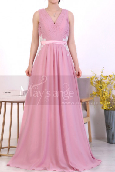 A-Line Long Formal Pink Dress With Back Tie Belt And White Lace - L1971 #1