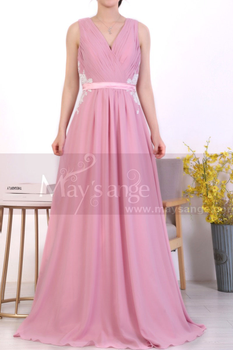 A-Line Long Formal Pink Dress With Back Tie Belt And White Lace - Ref L1971 - 01