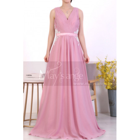 A-Line Long Formal Pink Dress With Back Tie Belt And White Lace