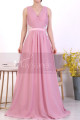 A-Line Long Formal Pink Dress With Back Tie Belt And White Lace - Ref L1971 - 02