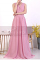 A-Line Long Formal Pink Dress With Back Tie Belt And White Lace - Ref L1971 - 03