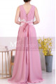 A-Line Long Formal Pink Dress With Back Tie Belt And White Lace - Ref L1971 - 05