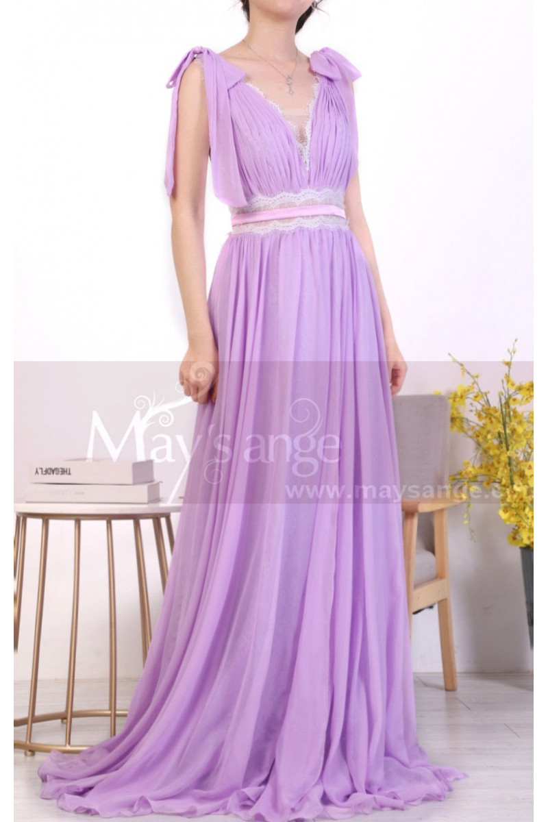 Long Chic Lilac Backless Dress With Lace And Bows On The Shoulders - Ref L1972 - 01