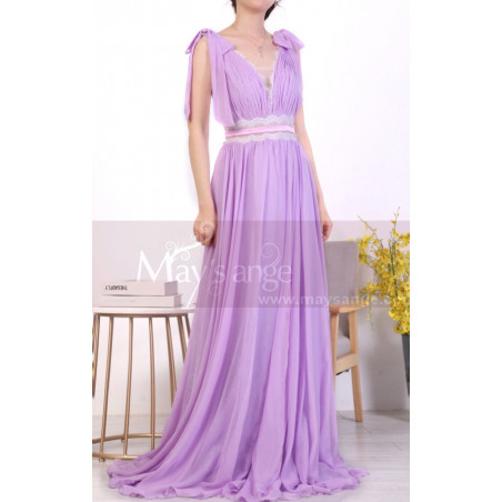 Robe Longue Dos Nu Lilas Dentelle Et Noeuds Sur Les Epaules