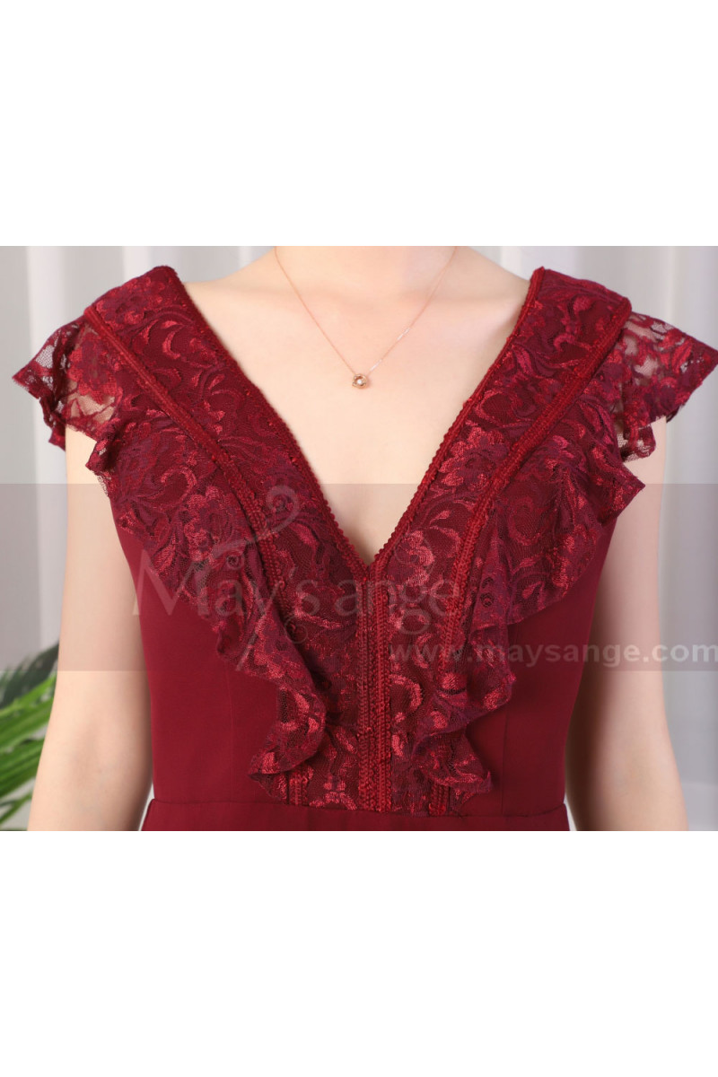 Straps V-neck Backless Burgundy Lace Appliques Prom Dresses, PD0078