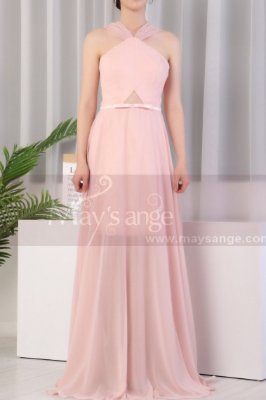 Long Pink Prom Dress Chiffon With Cut Out Top And Waist Belt - L1975 #1