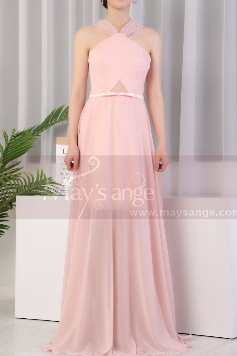 Long Pink Prom Dress Chiffon With Cut Out Top And Waist Belt - Ref L1975 - 01