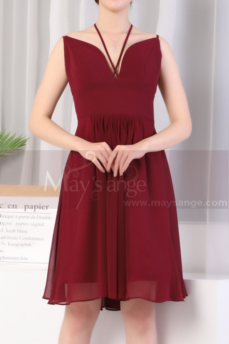 Crossed Back Short Burgundy Prom Dresses With Neck Straps - Ref C923 - 01