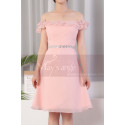 Robe Courte Rose Col Bardot A Volant Et Ceinture Brillante - Ref C924 - 05