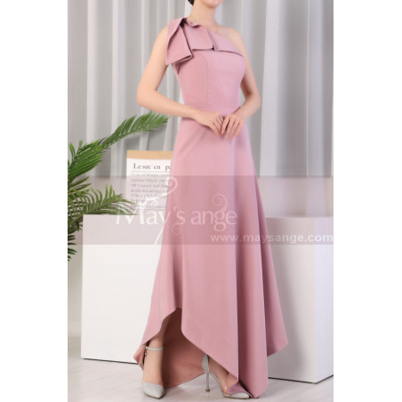 Asymmetrical Dusty Pink Ruffle Neckline Wedding Party Dresses
