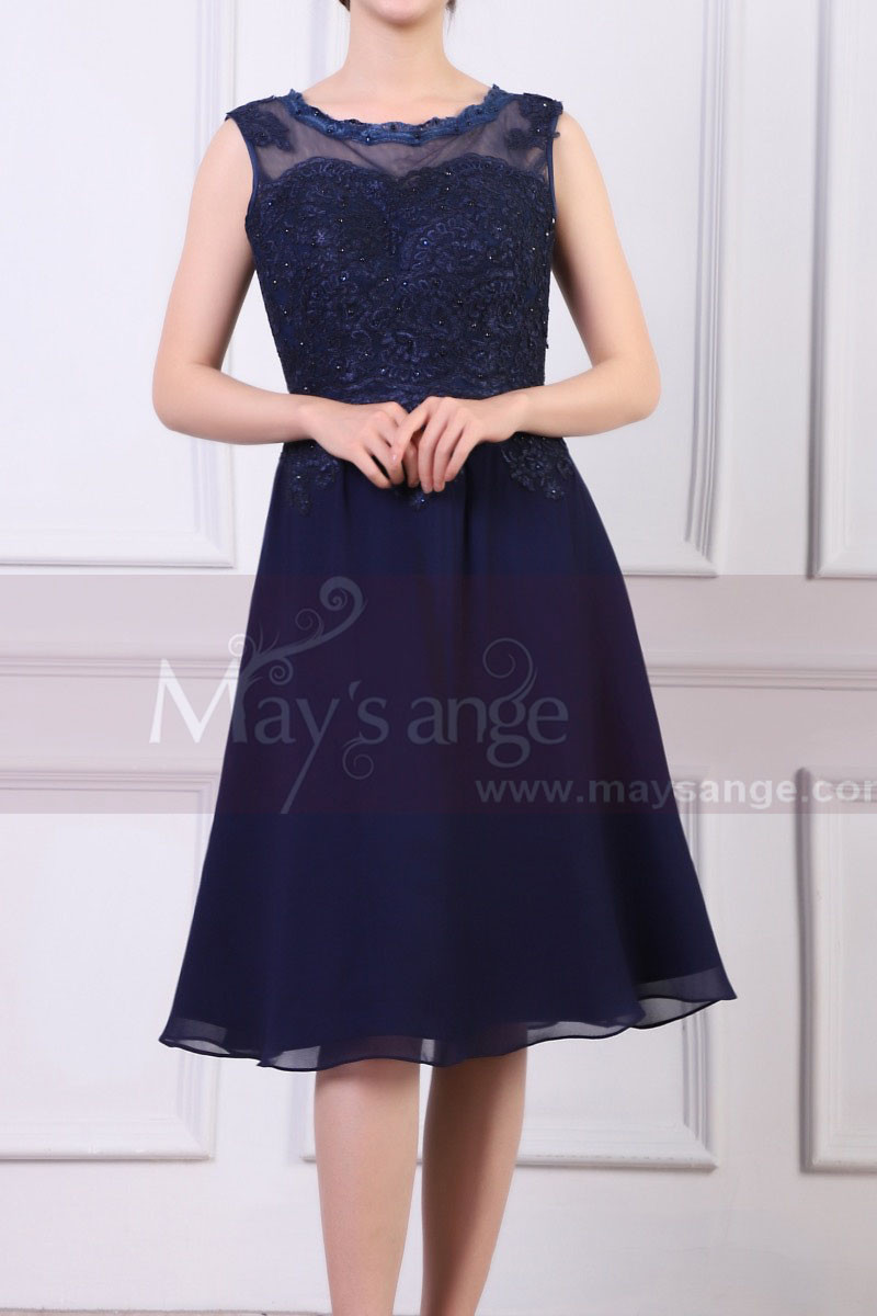 Sleeveless Short Navy Dress For Cocktail With Embroidered And Shiny Top - Ref C925 - 01