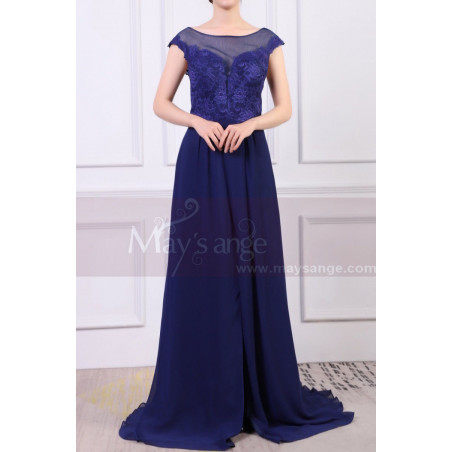 Cap Sleeves Blue Sexy Evening Dress With Slit And Crossed Back