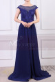 Cap Sleeves Blue Sexy Evening Dress With Slit And Crossed Back - Ref L1977 - 02