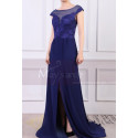 Cap Sleeves Blue Sexy Evening Dress With Slit And Crossed Back - Ref L1977 - 03