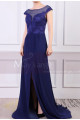 Cap Sleeves Blue Sexy Evening Dress With Slit And Crossed Back - Ref L1977 - 03