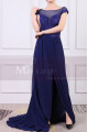 Cap Sleeves Blue Sexy Evening Dress With Slit And Crossed Back - Ref L1977 - 05