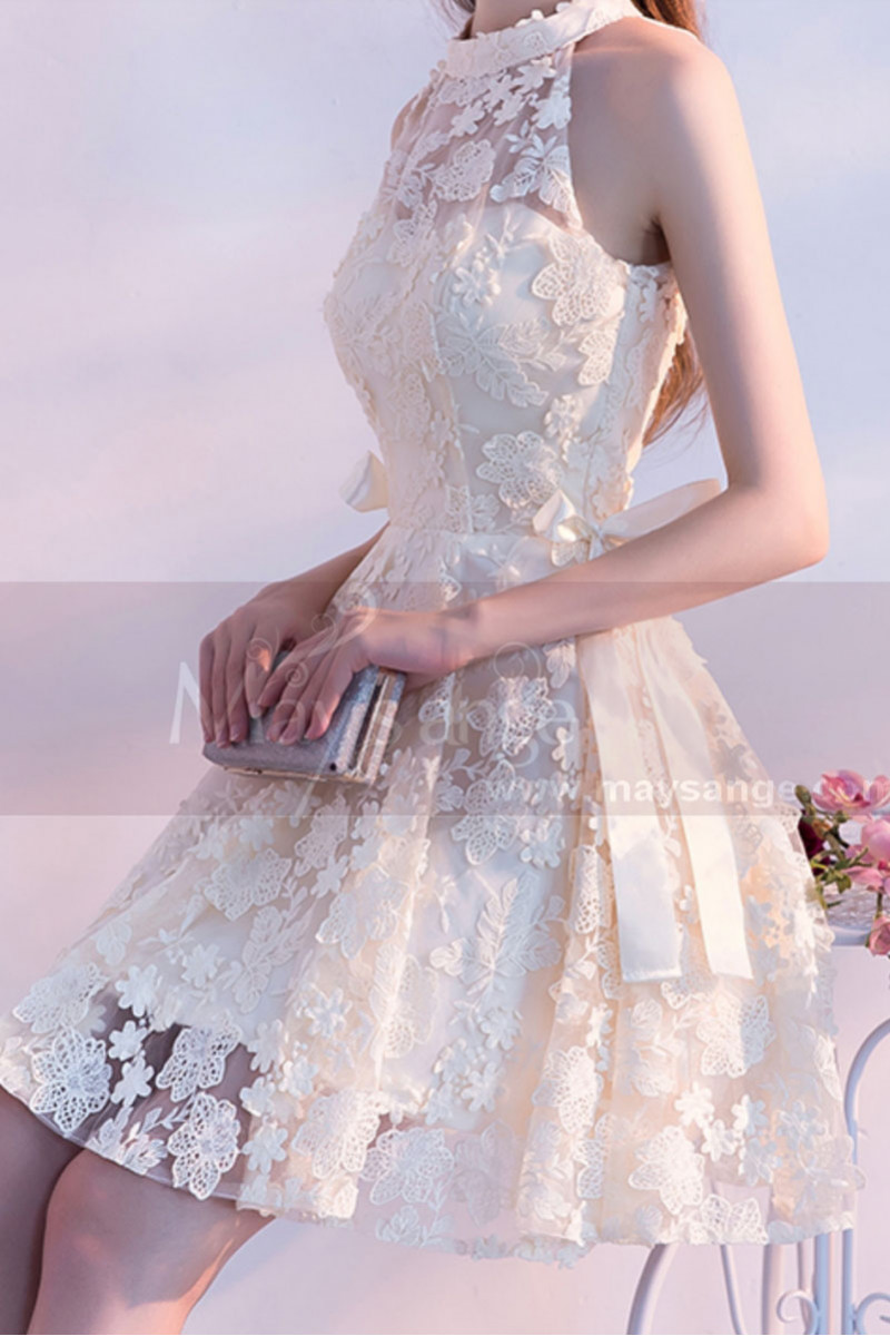 Two Knots Halter Neck Champagne Wedding Guest Dress Embroidered