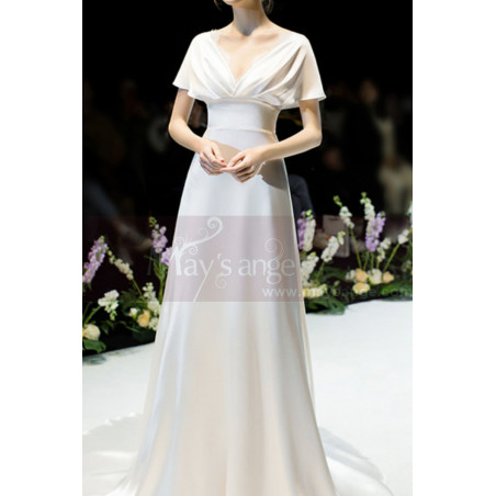 Robe Blanche Cérémonie Longue Avec Traîne Décolleté Et Manches Volantes