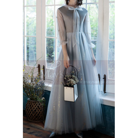 Silver Gray Tulle Vintage Princess Prom Dress With Neck Tie