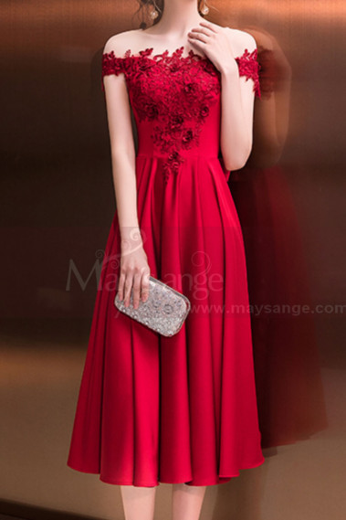 Robe Cocktail Midi Rouge Framboise Chic Haut Transparent Et Dentelle Délicate - C992 #1