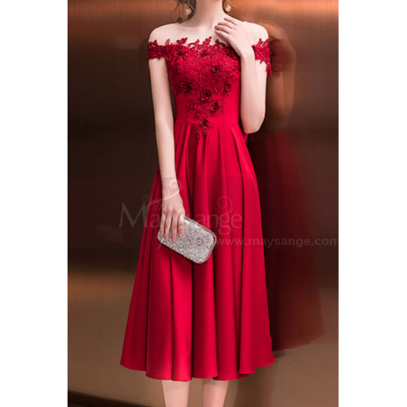 Robe Cocktail Midi Rouge Framboise Chic Haut Transparent Et Dentelle Délicate