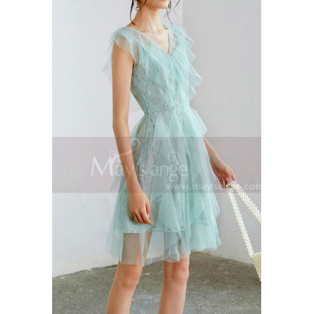 Robes Courte Cocktail Vert d'Eau A Volants