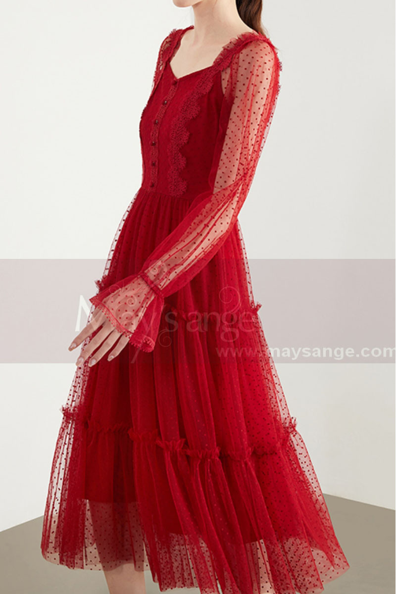 Vintage Red Party Gowns With Long Sheer Sleeves - Ref C1922 - 01