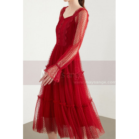 Vintage Red Party Gowns With Long Sheer Sleeves