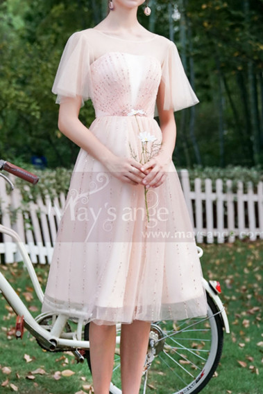 Ruffled Sleeves Tulle Pink Ball Gown Dress With Rhinestones - C996 #1