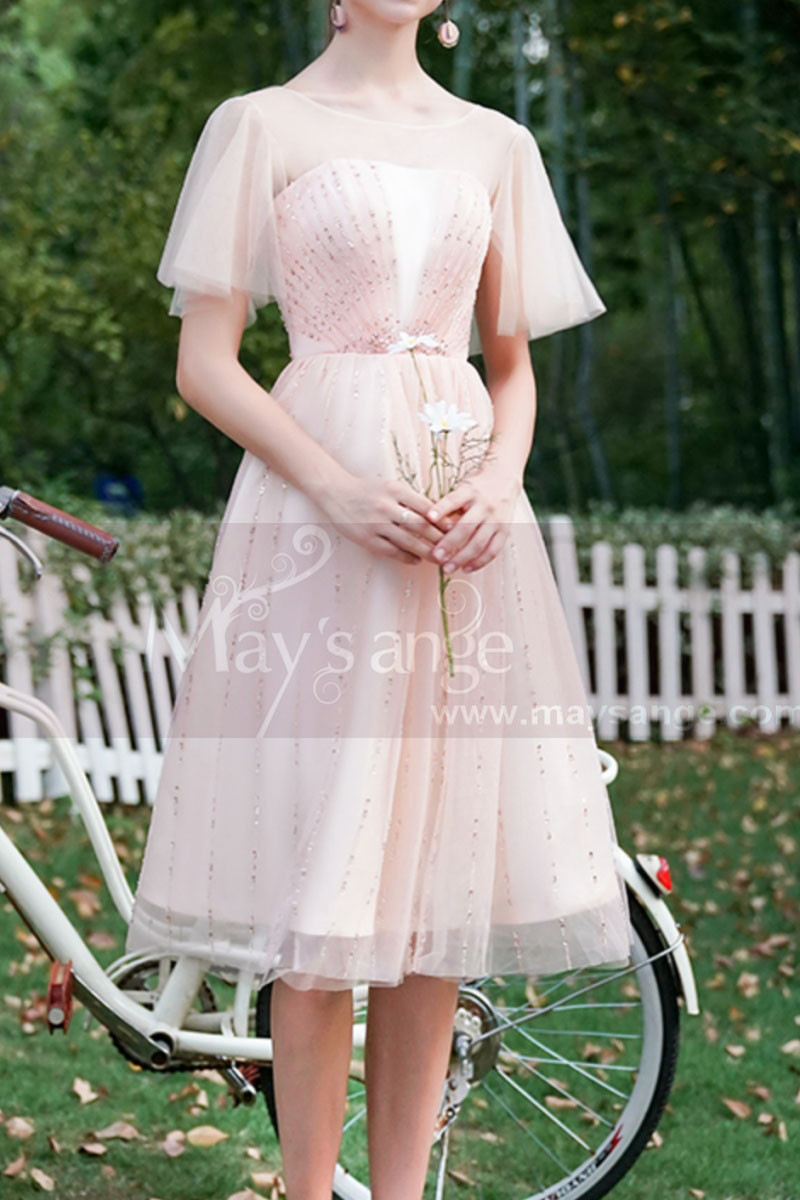 Ruffled Sleeves Tulle Pink Ball Gown Dress With Rhinestones - Ref C996 - 01