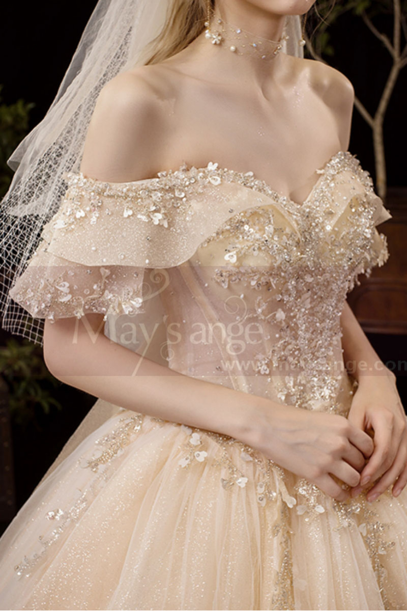 Luxury Champagne Ball Gown Lace Off The Shoulder Wedding Dress With Pearls main image 0