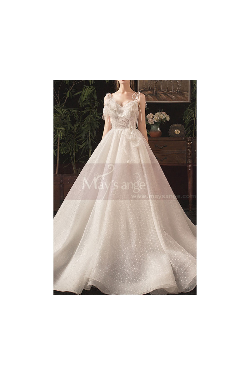 V Neckline Summer Wedding Dresses With Pretty Bow And Tie-Up Strap - Ref M079 - 01