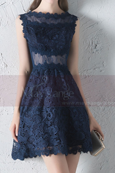 Sheer-Yoke Short  Navy Blue Lace Wedding-Guest Dress - C1931 #1