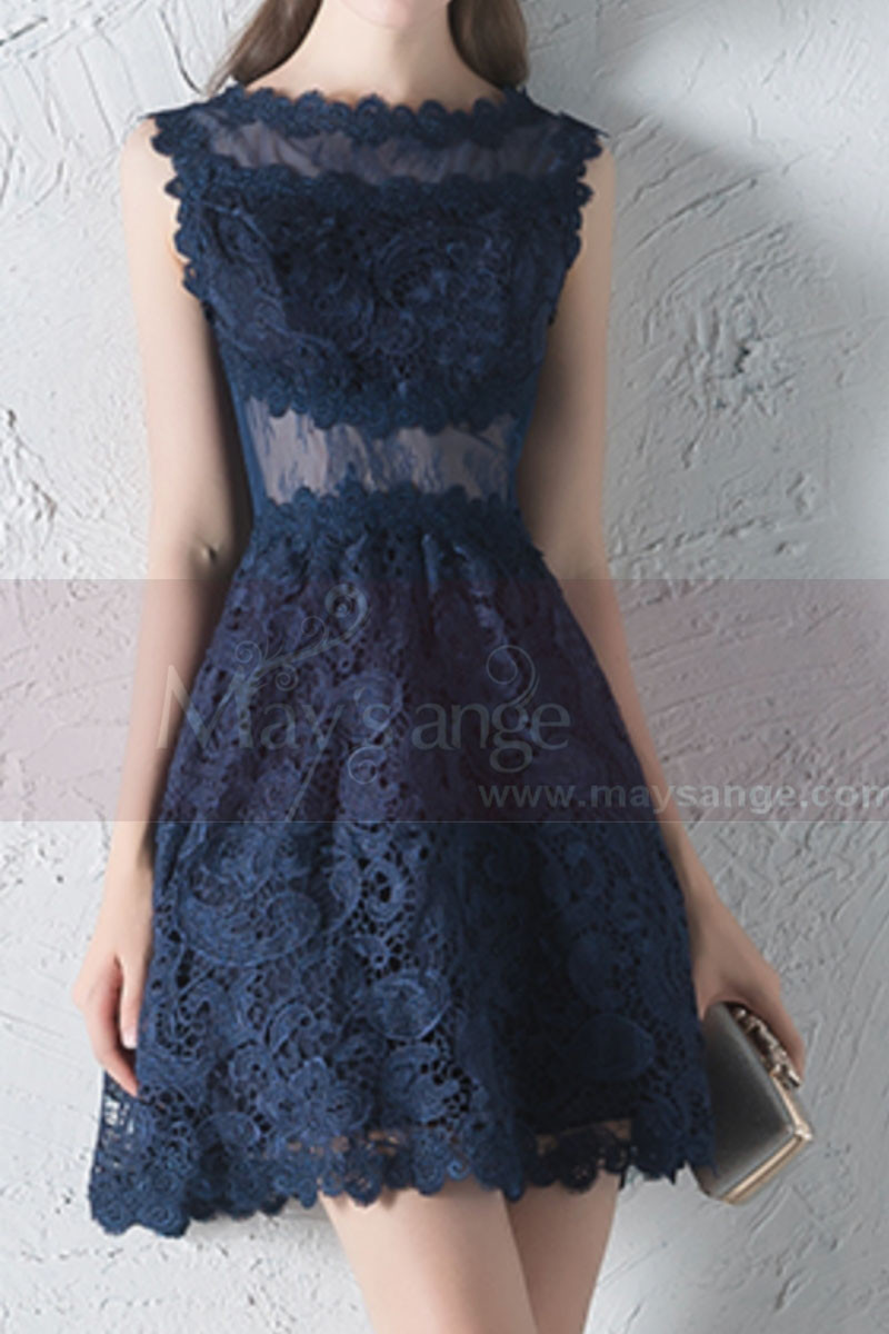 Sheer-Yoke Short  Navy Blue Lace Wedding-Guest Dress - Ref C1931 - 01