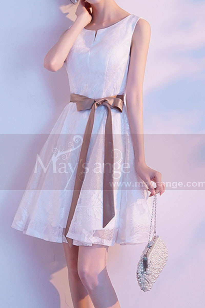 Lace White Short Party Dress With Brown Ribbon Belt - Ref C1930 - 01