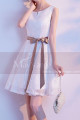 Lace White Short Party Dress With Brown Ribbon Belt - Ref C1930 - 02