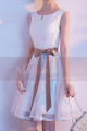 Lace White Short Party Dress With Brown Ribbon Belt - Ref C1930 - 03